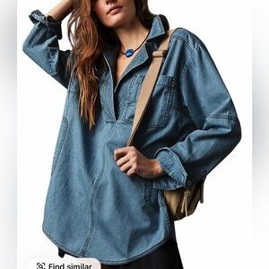 Imily Bela Women's Denim Pullover V Neck Long Sleeve Jean Jacket with Pocket